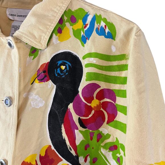 Goode Impressions Sz Large Yellow Silk Bird Print Art To Wear Button Down Jacket - Picture 4 of 6